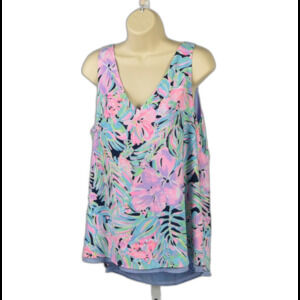 Lilly Pulitzer Reversible Floral Chiffon V-Neck Shift Top Pink / Purple Size L